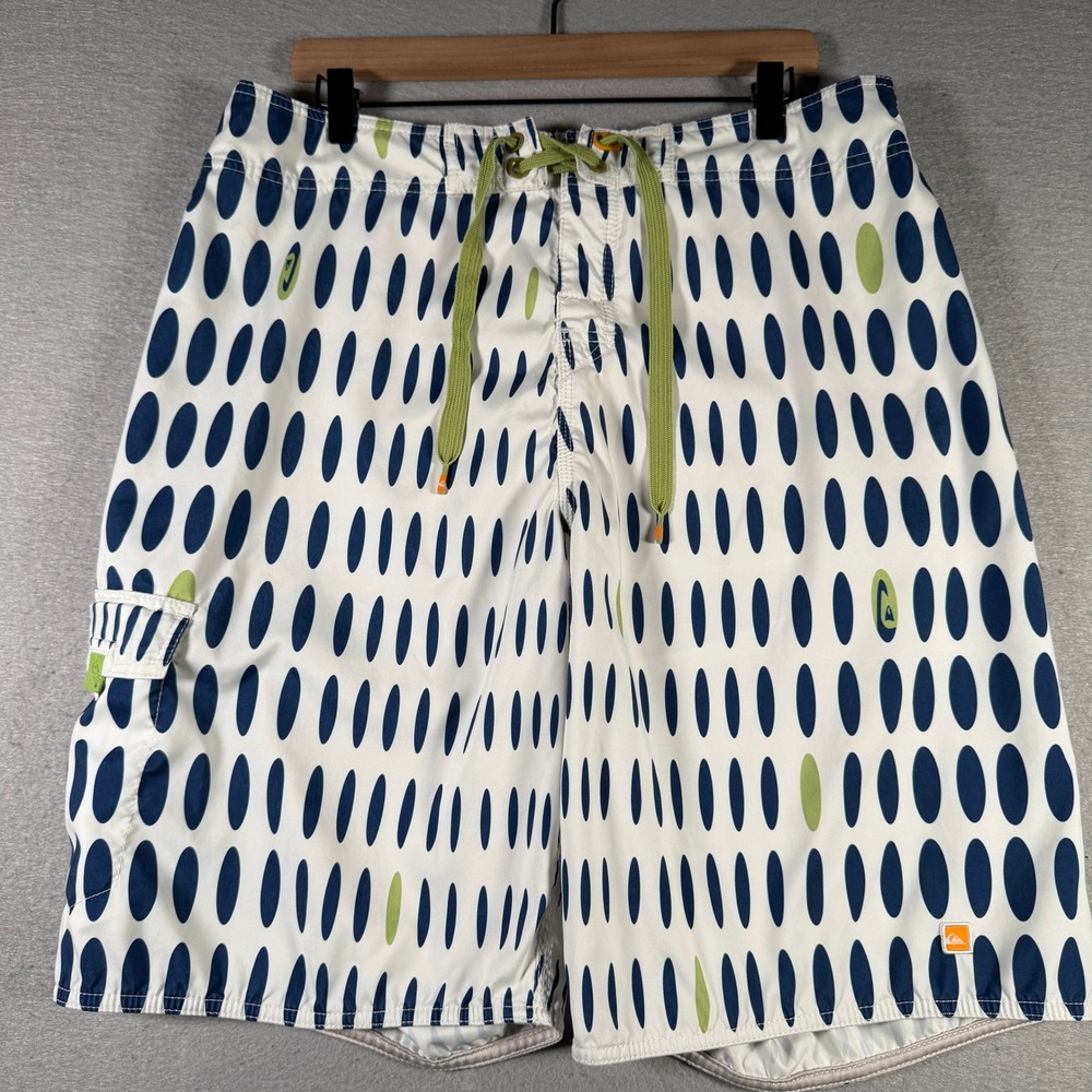 Quiksilver Mens White Navy Blue Lime Green Oval Print Board Shorts 36 A501407